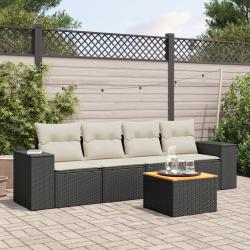 Salon de jardin 5 pcs avec coussins noir r&eacute;sine tress&eacute;e