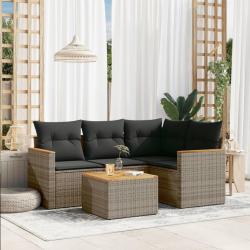 Salon de jardin 5 pcs avec coussins gris r&eacute;sine tress&eacute;e