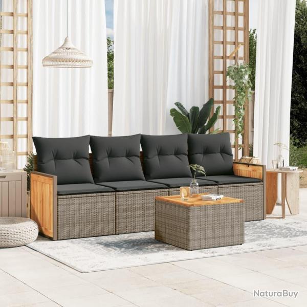Salon de jardin 5 pcs avec coussins gris r�sine tress�e