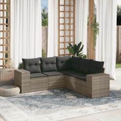 Salon de jardin 5 pcs avec coussins gris r&eacute;sine tress&eacute;e