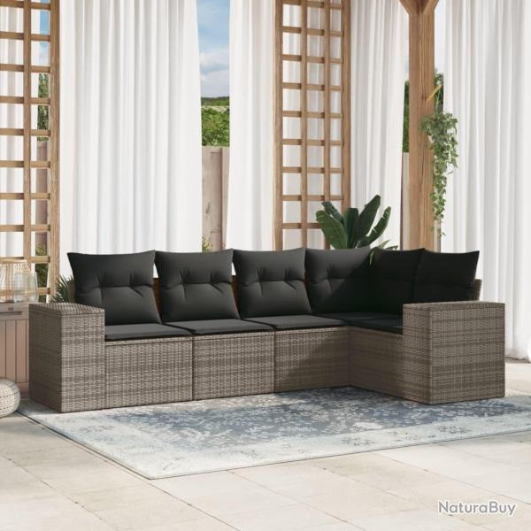Salon de jardin 5 pcs avec coussins gris r�sine tress�e
