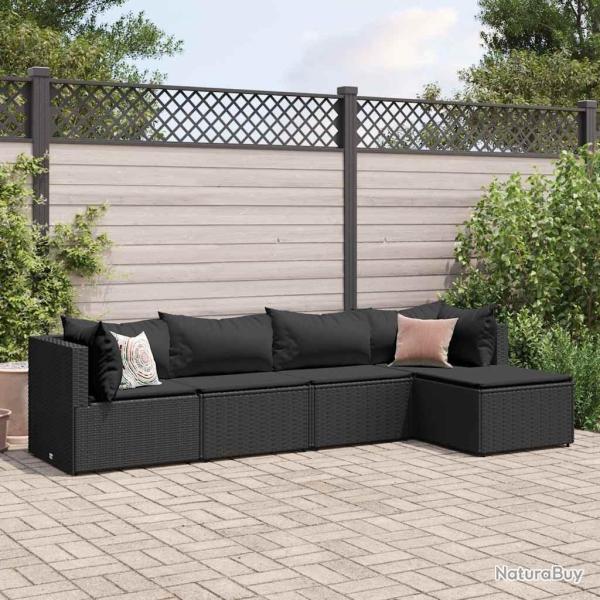 Salon de jardin 5 pcs avec coussins Noir R�sine tress�e alsavelo