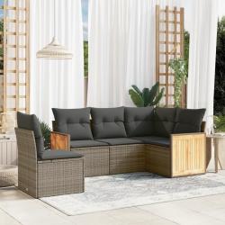 Salon de jardin 5 pcs avec coussins gris r&eacute;sine tress&eacute;e