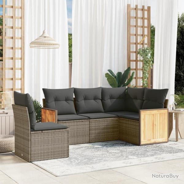 Salon de jardin 5 pcs avec coussins gris r�sine tress�e