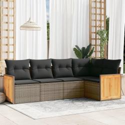 Salon de jardin 5 pcs avec coussins gris r&eacute;sine tress&eacute;e