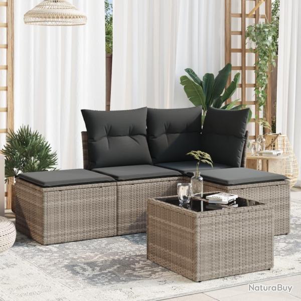 Salon de jardin 5 pcs avec coussins gris clair r�sine tress�e