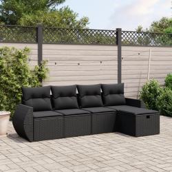 Salon de jardin 5 pcs avec coussins noir r&eacute;sine tress&eacute;e