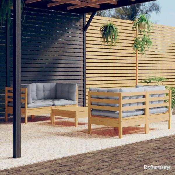 Salon de jardin 5 pcs avec coussins gris bois de pin