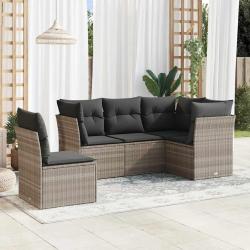 Salon de jardin 5 pcs avec coussins gris clair r&eacute;sine tress&eacute;e