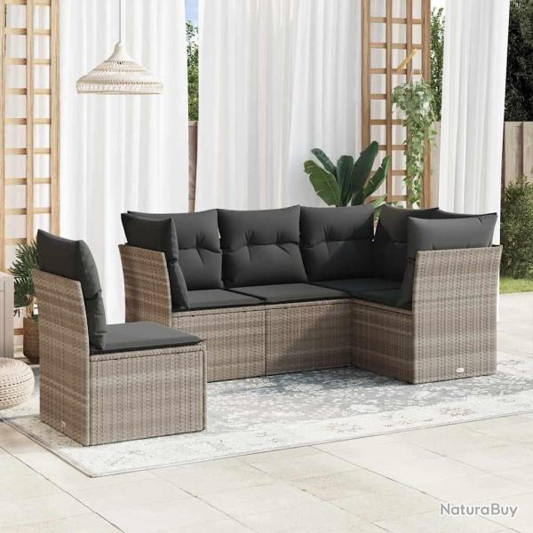 Salon de jardin 5 pcs avec coussins gris clair r�sine tress�e