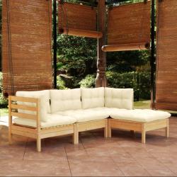 Salon de jardin 4 pcs avec coussins cr&egrave;me Bois de pin