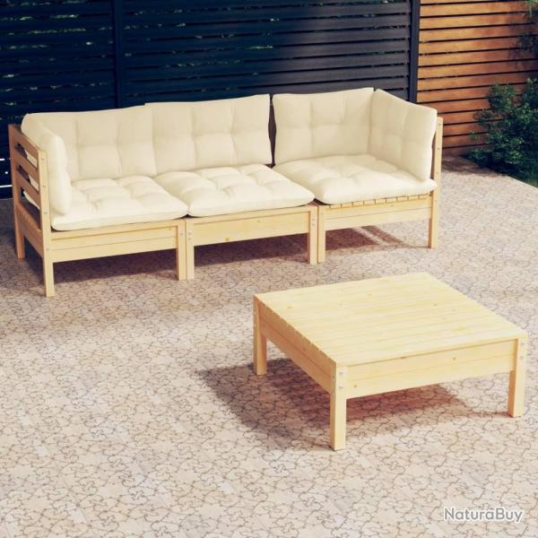 Salon de jardin 4 pcs avec coussins cr�me Bois de pin alsavelo