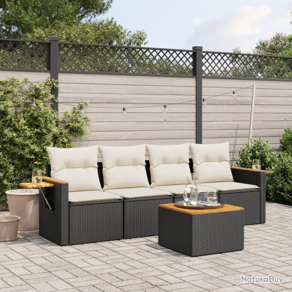 Salon de jardin 5 pcs avec coussins noir r�sine tress�e