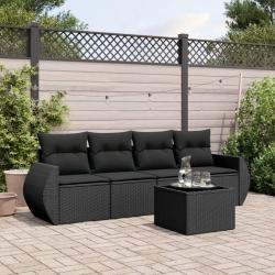 Salon de jardin 5 pcs avec coussins noir r&eacute;sine tress&eacute;e