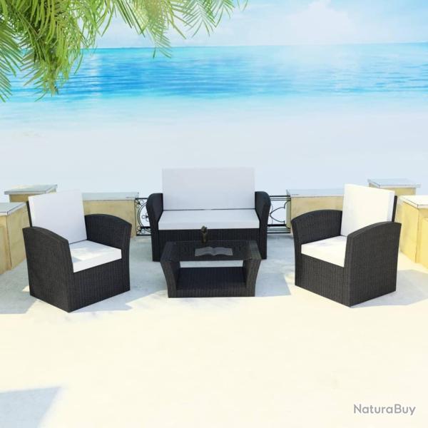 Salon de jardin 4 pcs avec coussins R�sine tress�e Noir