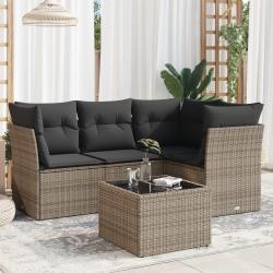 Salon de jardin 5 pcs avec coussins gris r&eacute;sine tress&eacute;e