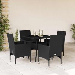 Ensemble &agrave; manger de jardin et coussins 5 pcs noir rotin verre alsavelo