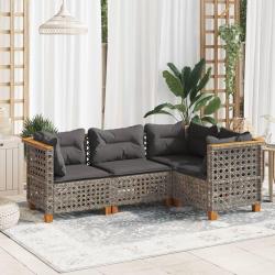 Salon de jardin 4 pcs avec coussins gris r&eacute;sine tress&eacute;e