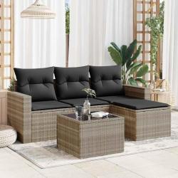 Salon de jardin 5 pcs avec coussins gris clair r&eacute;sine tress&eacute;e
