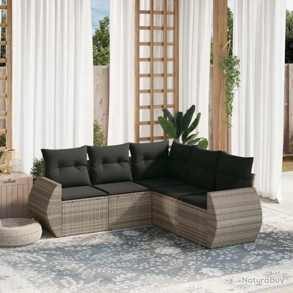 Salon de jardin 5 pcs avec coussins gris clair r�sine tress�e