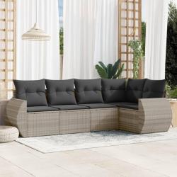 Salon de jardin 5 pcs avec coussins gris clair r&eacute;sine tress&eacute;e