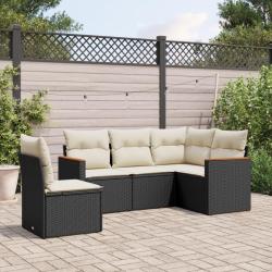 Salon de jardin 5 pcs avec coussins noir r&eacute;sine tress&eacute;e