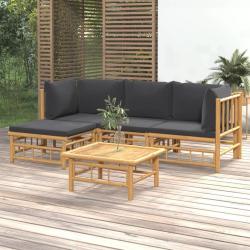 Salon de jardin 5 pcs avec coussins gris fonc&eacute; bambou