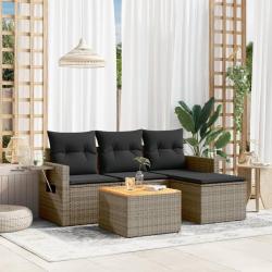 Salon de jardin 5 pcs avec coussins gris r&eacute;sine tress&eacute;e