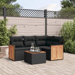 Salon de jardin 5 pcs avec coussins noir r&eacute;sine tress&eacute;e