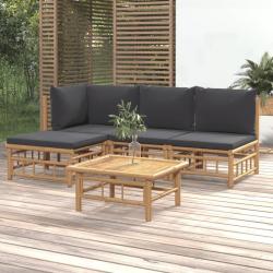 Salon de jardin 5 pcs avec coussins gris fonc&eacute; bambou