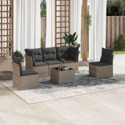 Salon de jardin 6 pcs avec coussins gris r&eacute;sine tress&eacute;e