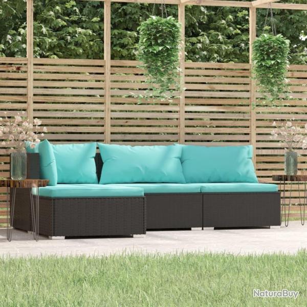 Salon de jardin 4 pcs avec coussins Noir R�sine tress�e