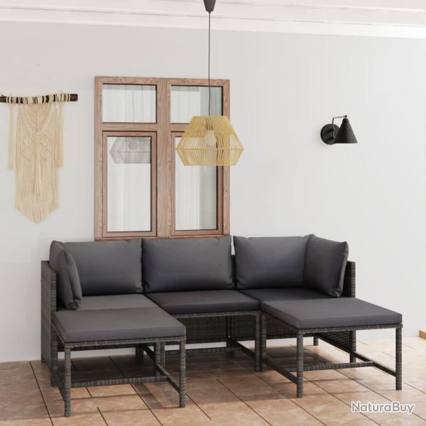 Salon de jardin 5 pcs avec coussins R�sine tress�e Gris