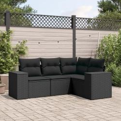 Salon de jardin 4 pcs avec coussins noir r&eacute;sine tress&eacute;e
