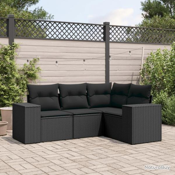 Salon de jardin 4 pcs avec coussins noir r�sine tress�e
