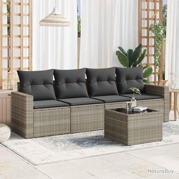 Salon de jardin 5 pcs avec coussins gris clair r�sine tress�e