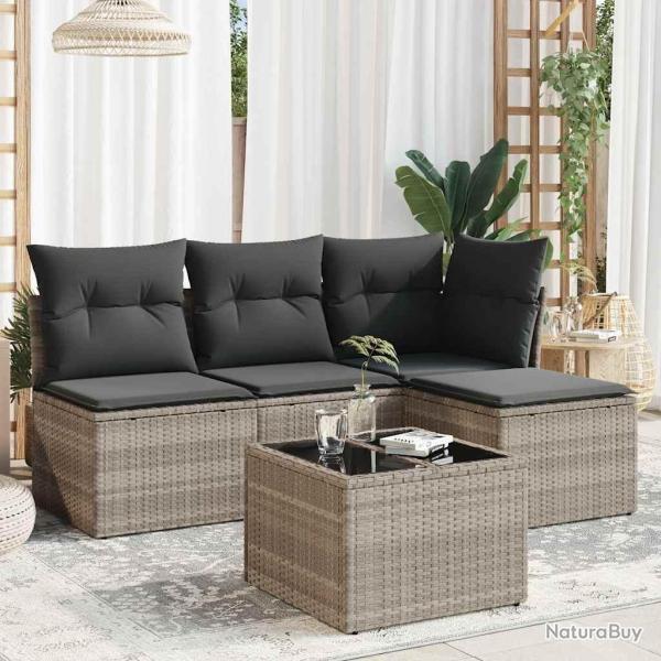 Salon de jardin 5 pcs avec coussins gris clair r�sine tress�e