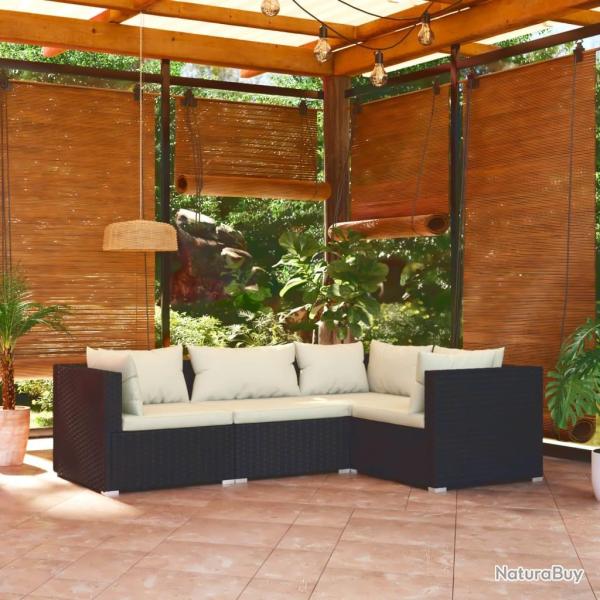 Salon de jardin 4 pcs avec coussins Rsine tresse Noir alsavelo