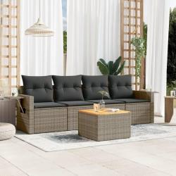 Salon de jardin 5 pcs avec coussins gris r&eacute;sine tress&eacute;e