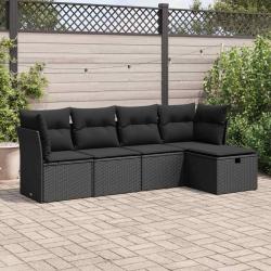 Salon de jardin 5 pcs avec coussins noir r&eacute;sine tress&eacute;e