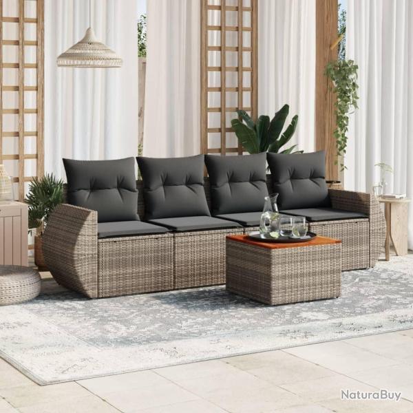 Salon de jardin 5 pcs avec coussins gris r�sine tress�e