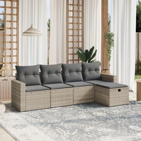 Salon de jardin 5 pcs avec coussins gris clair r�sine tress�e