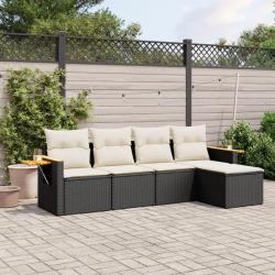 Salon de jardin 5 pcs avec coussins noir r&eacute;sine tress&eacute;e