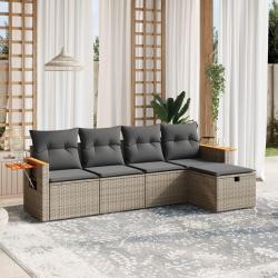Salon de jardin 5 pcs avec coussins gris r&eacute;sine tress&eacute;e alsavelo