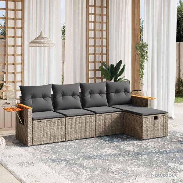 Salon de jardin 5 pcs avec coussins gris r�sine tress�e