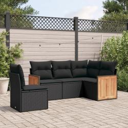 Salon de jardin 5 pcs avec coussins noir r&eacute;sine tress&eacute;e alsavelo
