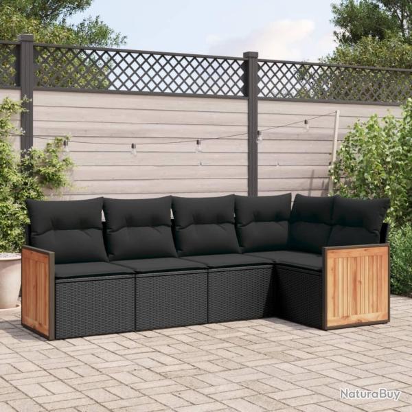 Salon de jardin 5 pcs avec coussins noir r�sine tress�e