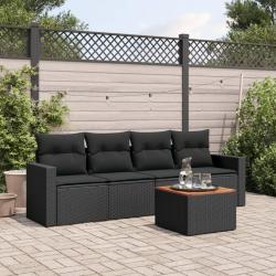 Salon de jardin 5 pcs avec coussins noir r&eacute;sine tress&eacute;e