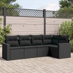 Salon de jardin 5 pcs avec coussins noir r&eacute;sine tress&eacute;e