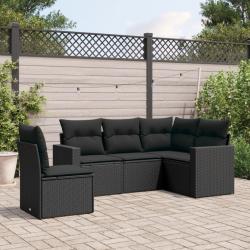 Salon de jardin 5 pcs avec coussins noir r&eacute;sine tress&eacute;e